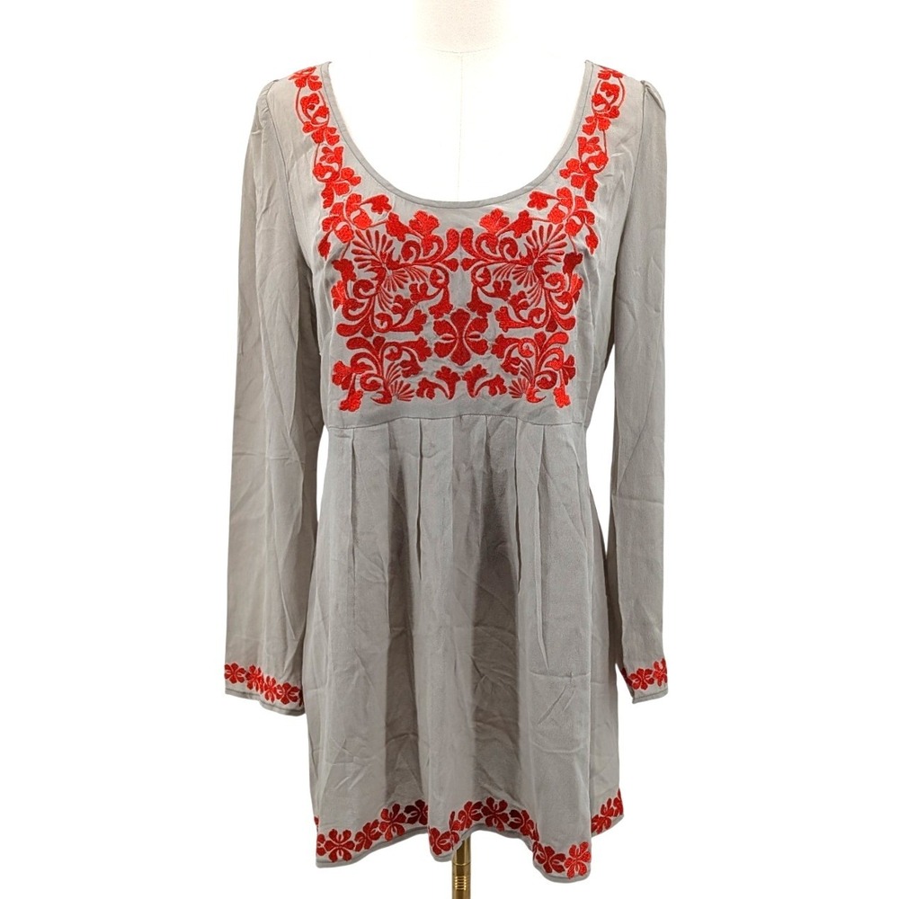 Silk Embroidered Tunic Mini Dress Gray Red Floral Boho Sundance M